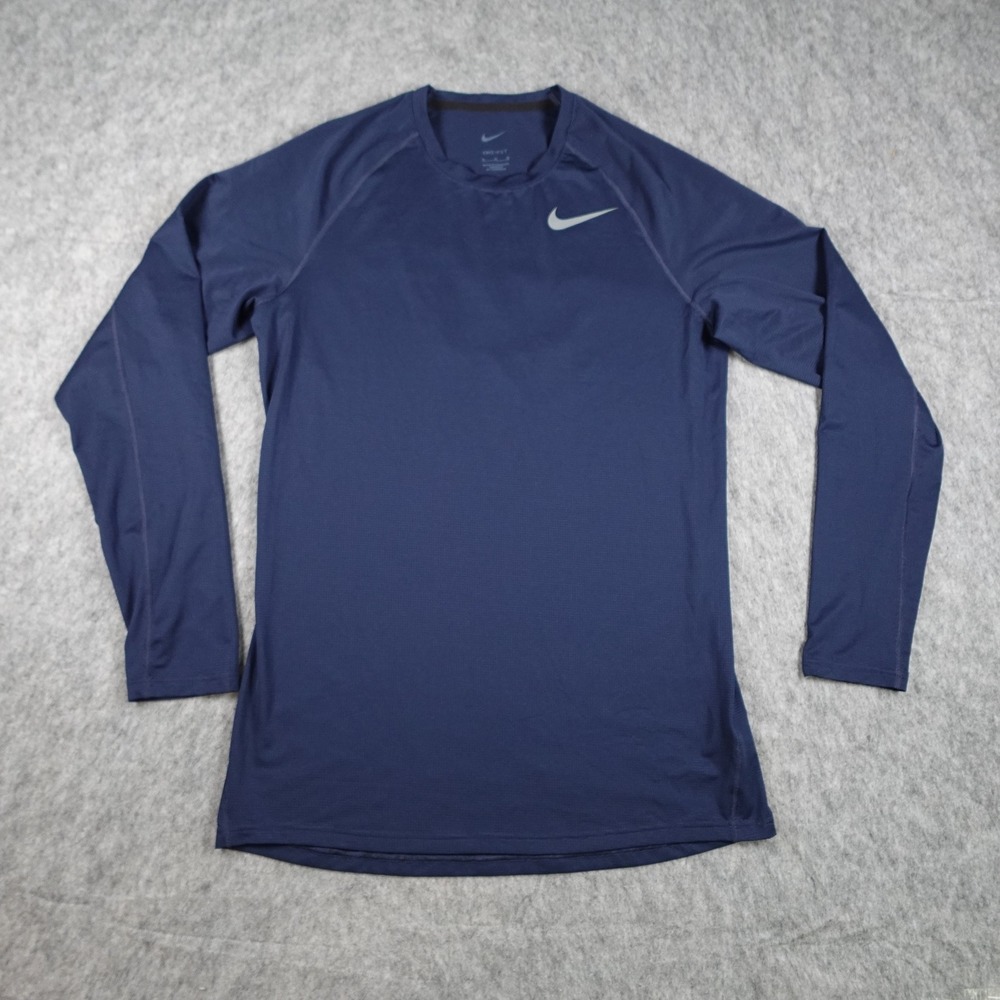 Nike Shirt Mens Medium Navy Blue Pro Dri Fit Long Sleeve Training Top AT3123 419
